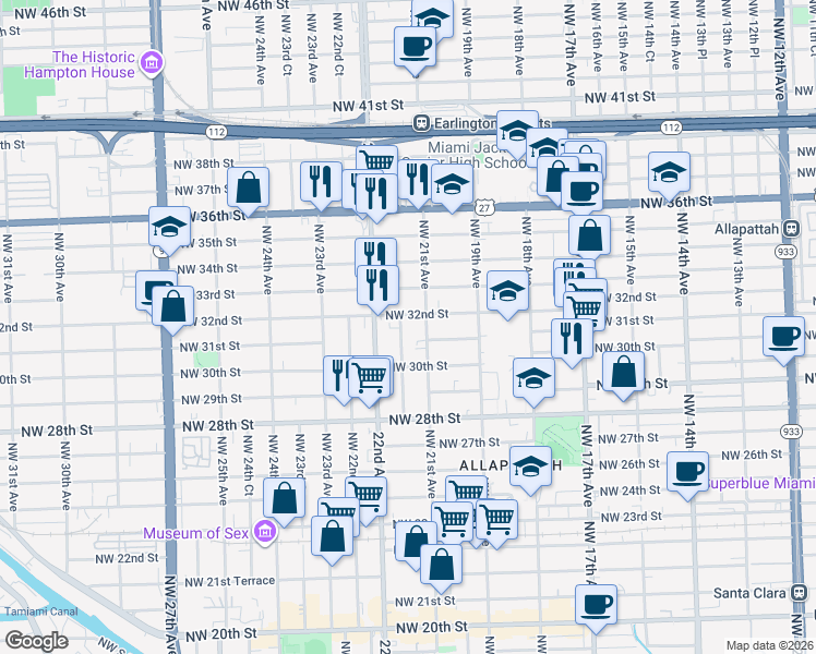 map of restaurants, bars, coffee shops, grocery stores, and more near 3039 Northwest 21st Court in Miami