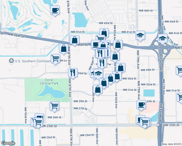 map of restaurants, bars, coffee shops, grocery stores, and more near 8424 Northwest 33rd Street in Doral