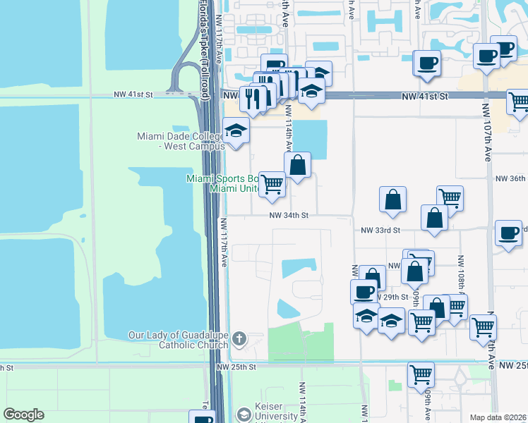 map of restaurants, bars, coffee shops, grocery stores, and more near 3509 Northwest 115th Avenue in Doral