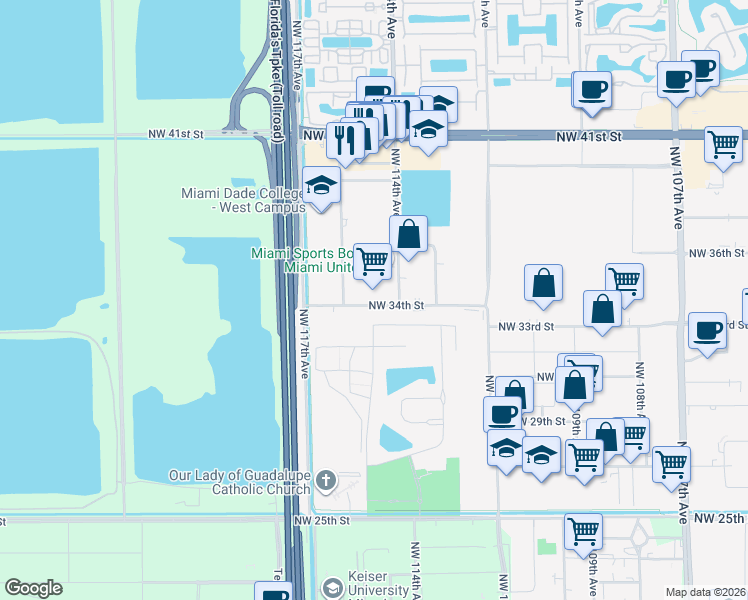 map of restaurants, bars, coffee shops, grocery stores, and more near 11439 Northwest 34th Street in Doral
