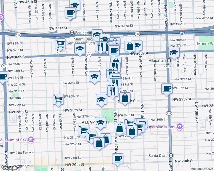 map of restaurants, bars, coffee shops, grocery stores, and more near 1735 Northwest 32nd Street in Miami