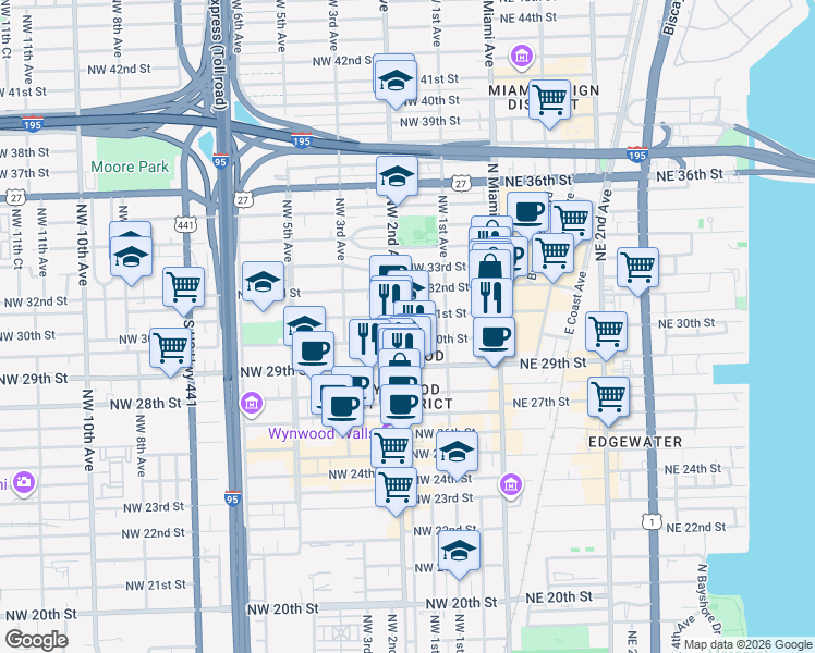 map of restaurants, bars, coffee shops, grocery stores, and more near 175 Northwest 31st Street in Miami