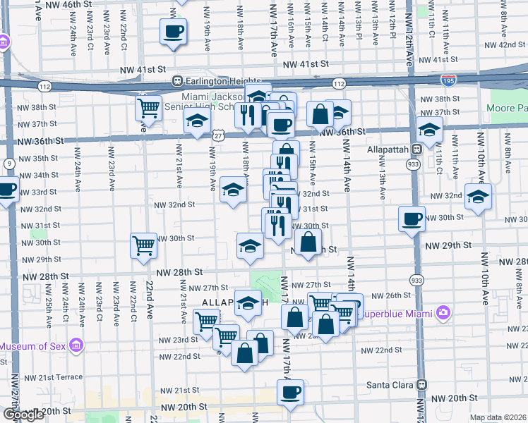 map of restaurants, bars, coffee shops, grocery stores, and more near 1735 Northwest 32nd Street in Miami