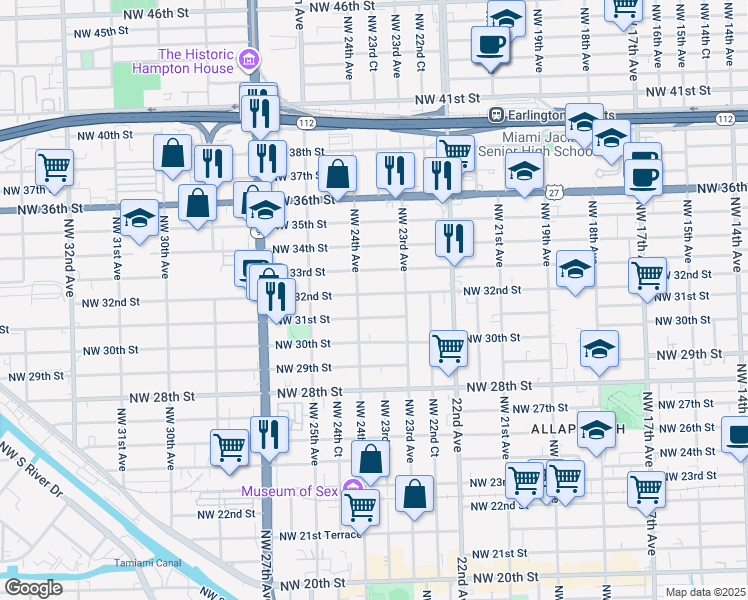 map of restaurants, bars, coffee shops, grocery stores, and more near 2343 Northwest 32nd Street in Miami