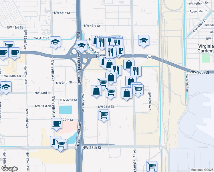 map of restaurants, bars, coffee shops, grocery stores, and more near 9794 Northwest 34th Street in Miami