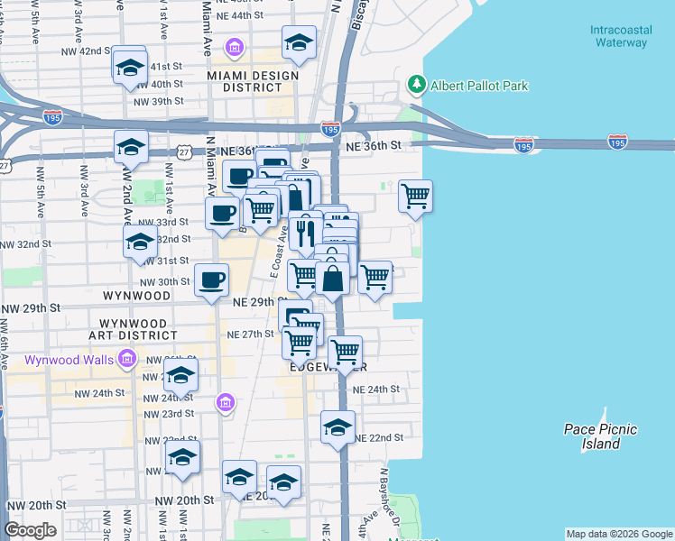 map of restaurants, bars, coffee shops, grocery stores, and more near 300 NE 30th St in Miami