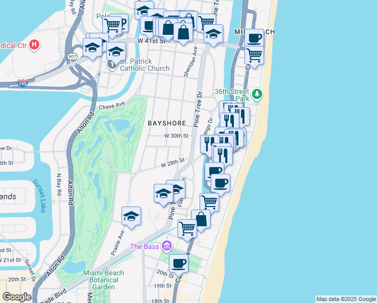 map of restaurants, bars, coffee shops, grocery stores, and more near 2905 Sheridan Avenue in Miami Beach