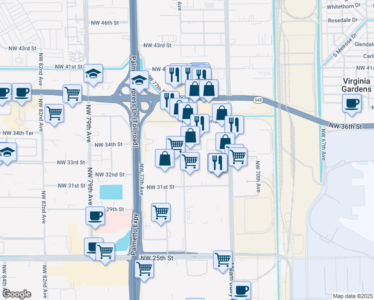 map of restaurants, bars, coffee shops, grocery stores, and more near 9823 Northwest 34th Street in Miami