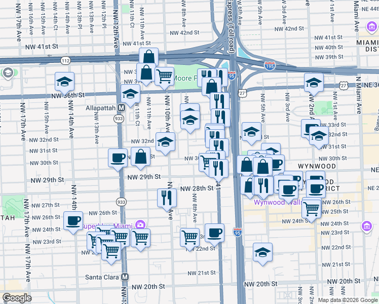 map of restaurants, bars, coffee shops, grocery stores, and more near 774 Northwest 32nd Street in Miami