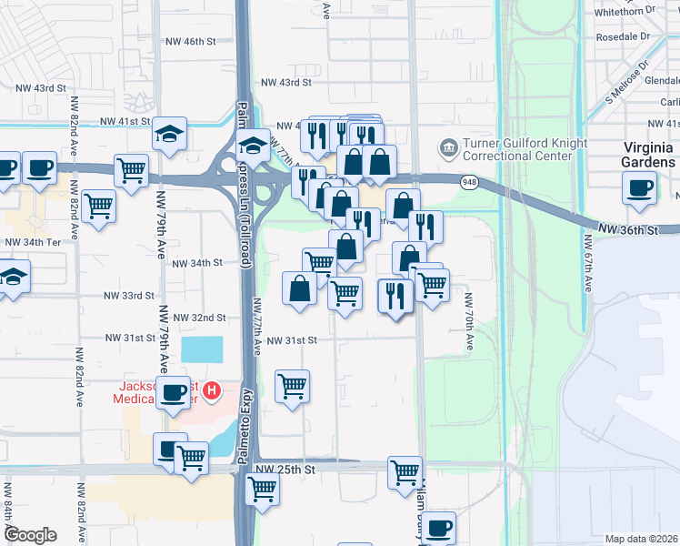 map of restaurants, bars, coffee shops, grocery stores, and more near 9797 Northwest 34th Street in Miami