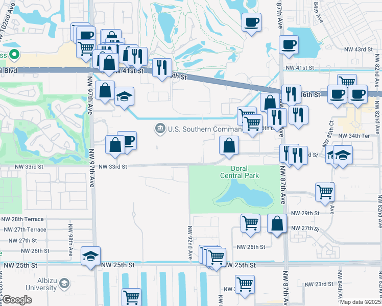 map of restaurants, bars, coffee shops, grocery stores, and more near 3450 Northwest 91st Avenue in Doral