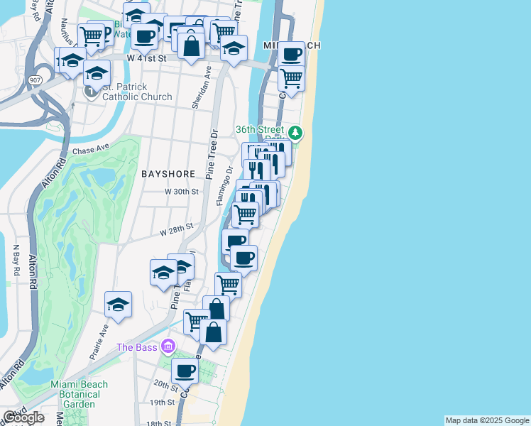 map of restaurants, bars, coffee shops, grocery stores, and more near 2901 Collins Avenue in Miami Beach