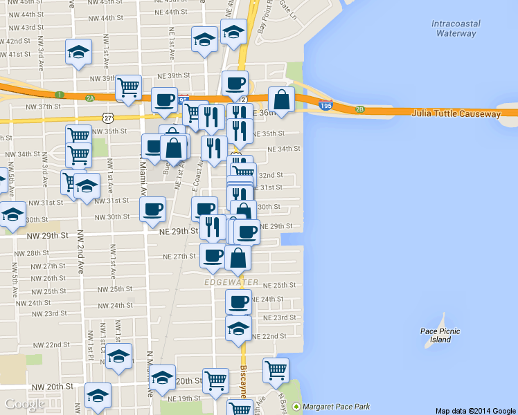 map of restaurants, bars, coffee shops, grocery stores, and more near 3055 Northeast 4th Avenue in Miami