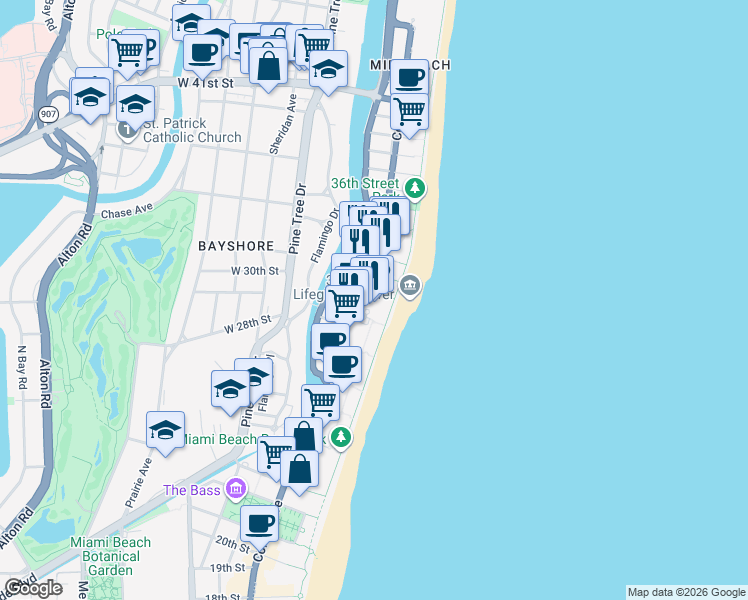 map of restaurants, bars, coffee shops, grocery stores, and more near in Miami Beach