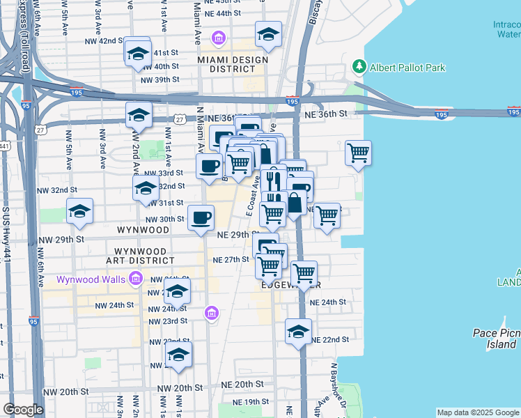 map of restaurants, bars, coffee shops, grocery stores, and more near 3030 Northeast 2nd Avenue in Miami
