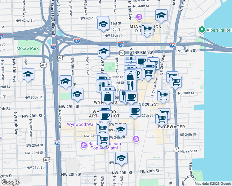 map of restaurants, bars, coffee shops, grocery stores, and more near 105 Northwest 31st Street in Miami