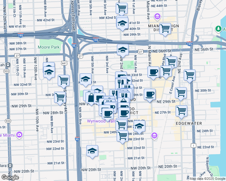 map of restaurants, bars, coffee shops, grocery stores, and more near 261 Northwest 31st Street in Miami