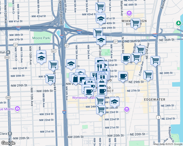 map of restaurants, bars, coffee shops, grocery stores, and more near 261 Northwest 31st Street in Miami