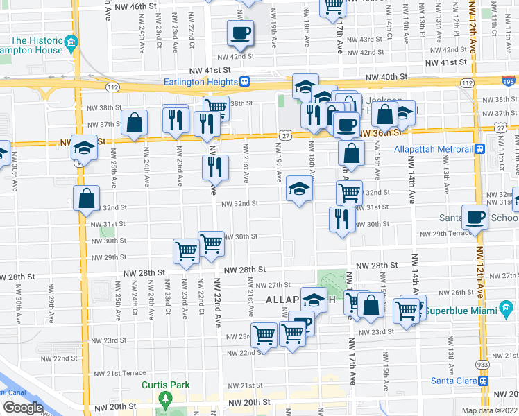 map of restaurants, bars, coffee shops, grocery stores, and more near 1947 Northwest 32nd Street in Miami