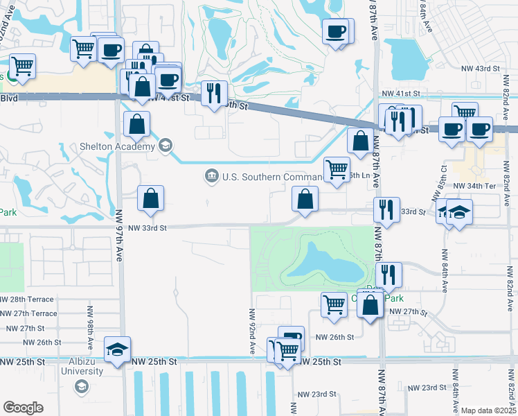 map of restaurants, bars, coffee shops, grocery stores, and more near 3450 Northwest 91st Avenue in Doral