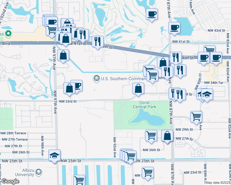 map of restaurants, bars, coffee shops, grocery stores, and more near 3450 Northwest 91st Avenue in Doral