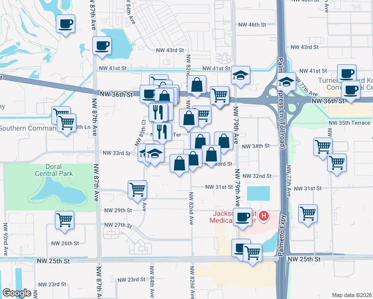 map of restaurants, bars, coffee shops, grocery stores, and more near 3467 Northwest 82nd Court in Doral