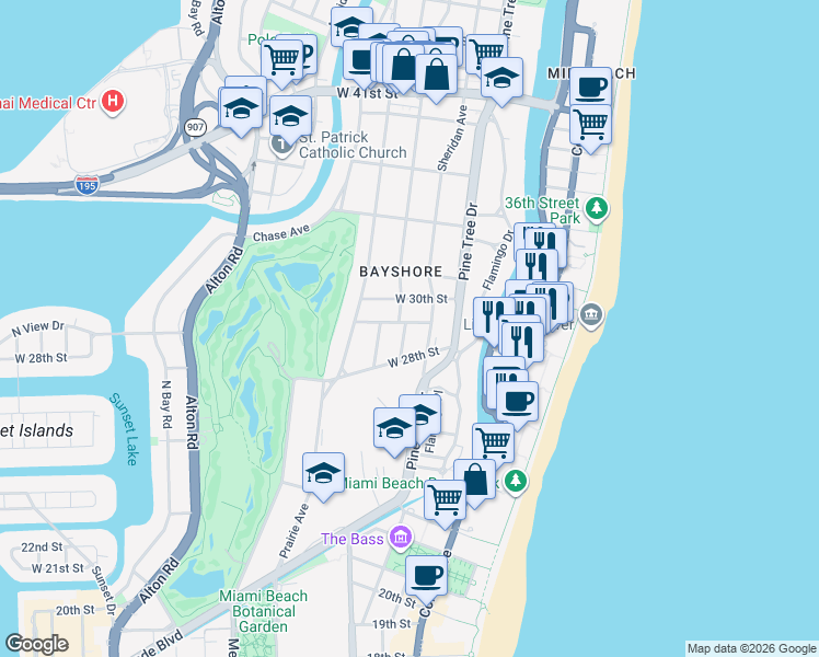 map of restaurants, bars, coffee shops, grocery stores, and more near 2901 Royal Palm Avenue in Miami Beach