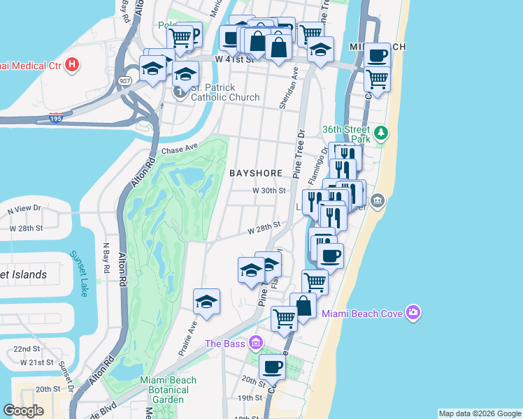 map of restaurants, bars, coffee shops, grocery stores, and more near 2901 Royal Palm Avenue in Miami Beach