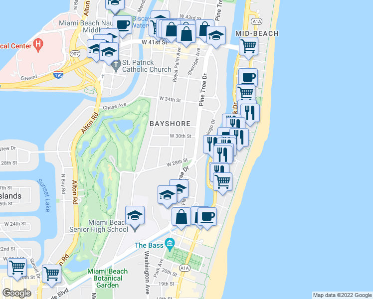 map of restaurants, bars, coffee shops, grocery stores, and more near 2905 Sheridan Avenue in Miami Beach