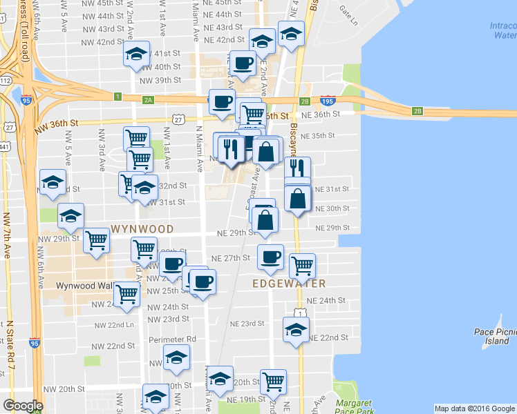 map of restaurants, bars, coffee shops, grocery stores, and more near 3030 Northeast 2nd Avenue in Miami