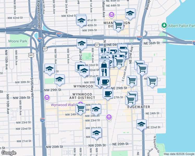 map of restaurants, bars, coffee shops, grocery stores, and more near 41 Northwest 31st Street in Miami