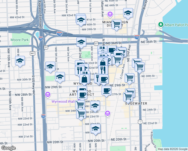 map of restaurants, bars, coffee shops, grocery stores, and more near 105 Northwest 31st Street in Miami