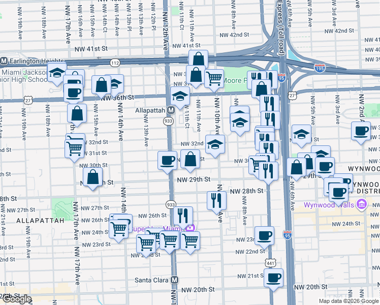 map of restaurants, bars, coffee shops, grocery stores, and more near 1129 Northwest 31st Street in Miami