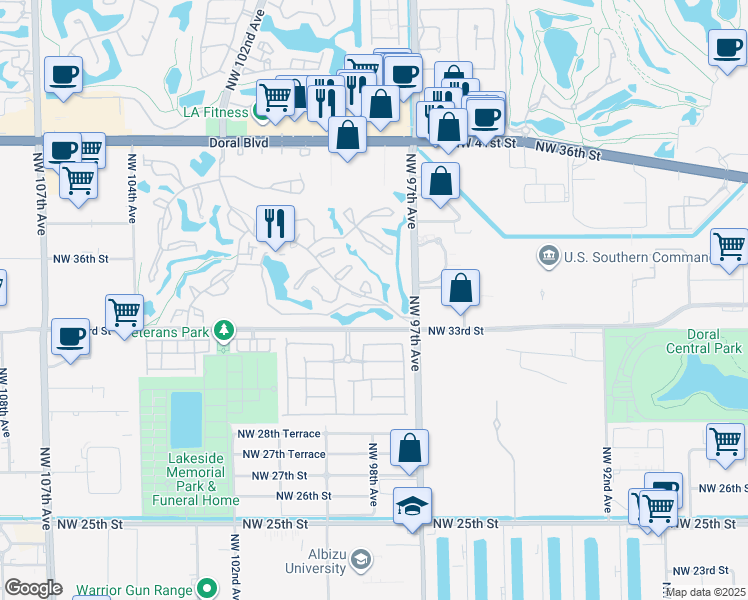 map of restaurants, bars, coffee shops, grocery stores, and more near 9705 Dania Lane in Doral