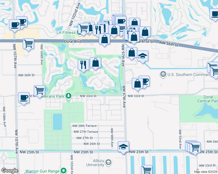 map of restaurants, bars, coffee shops, grocery stores, and more near 9705 Dania Lane in Doral