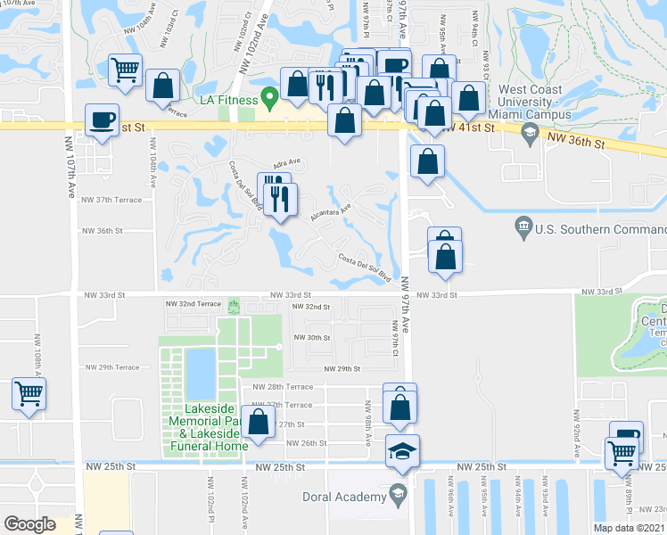 map of restaurants, bars, coffee shops, grocery stores, and more near 9836 Costa Del Sol Boulevard in Doral
