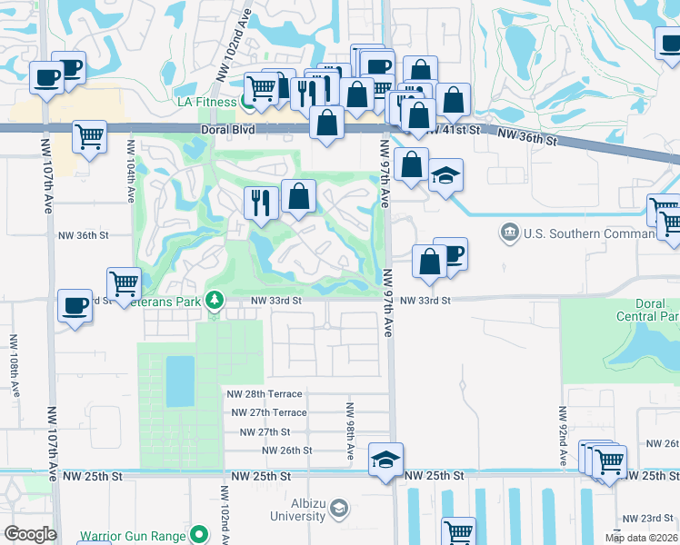 map of restaurants, bars, coffee shops, grocery stores, and more near 9705 Dania Lane in Doral