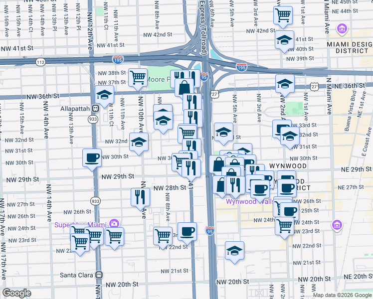 map of restaurants, bars, coffee shops, grocery stores, and more near 737 Northwest 31st Street in Miami