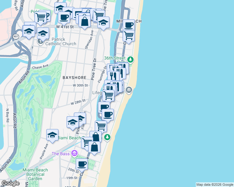 map of restaurants, bars, coffee shops, grocery stores, and more near in Miami Beach
