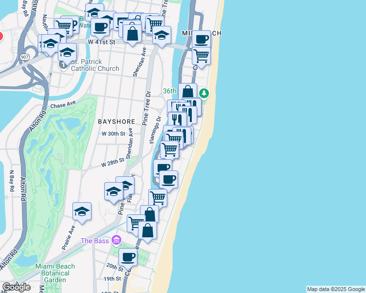 map of restaurants, bars, coffee shops, grocery stores, and more near 2901 Collins Avenue in Miami Beach
