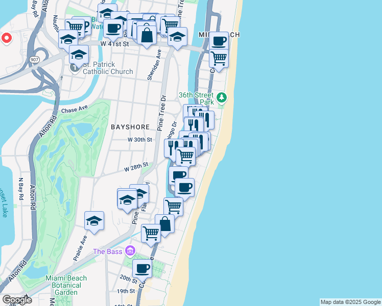 map of restaurants, bars, coffee shops, grocery stores, and more near 232 30th Street in Miami Beach