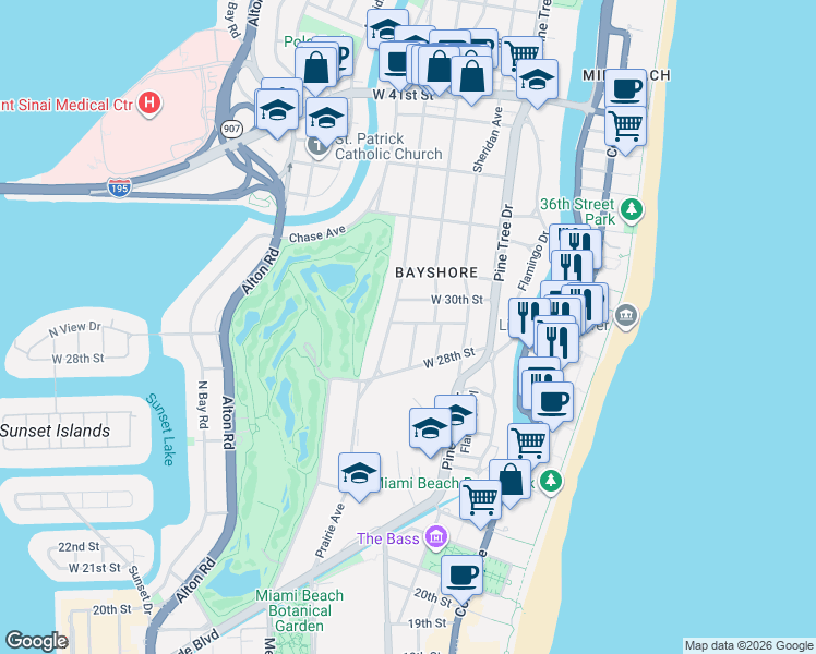 map of restaurants, bars, coffee shops, grocery stores, and more near 2915 Prairie Avenue in Miami Beach