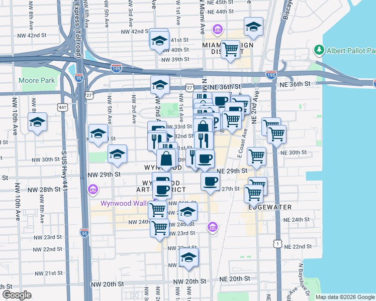 map of restaurants, bars, coffee shops, grocery stores, and more near 105 Northwest 31st Street in Miami