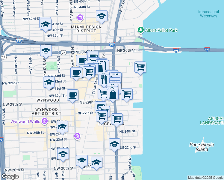 map of restaurants, bars, coffee shops, grocery stores, and more near 3000 Biscayne Boulevard in Miami