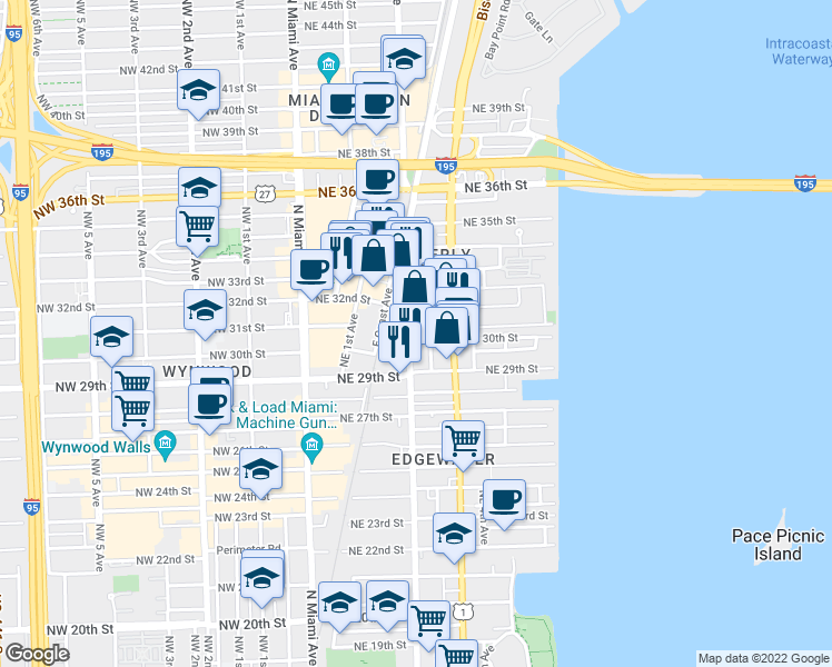 map of restaurants, bars, coffee shops, grocery stores, and more near 3030 Northeast 2nd Avenue in Miami