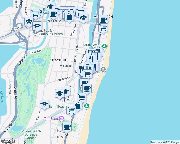 map of restaurants, bars, coffee shops, grocery stores, and more near 232 30th Street in Miami Beach
