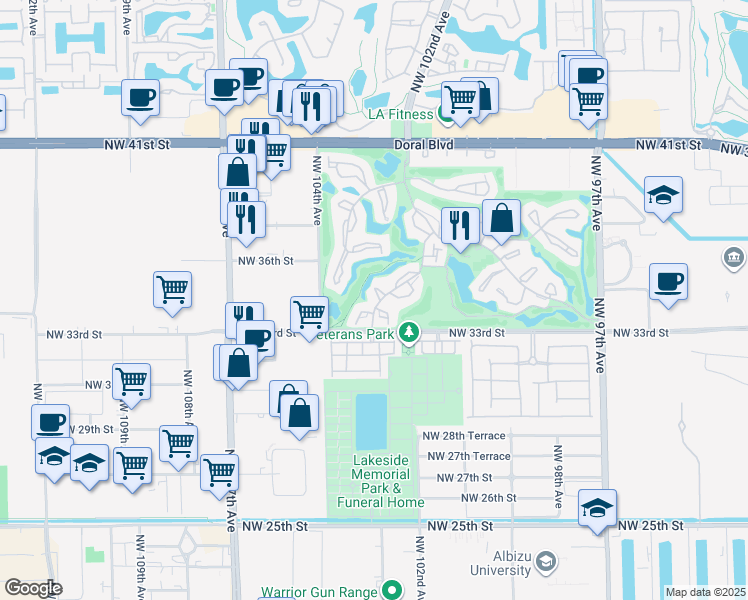 map of restaurants, bars, coffee shops, grocery stores, and more near 3434 Torremolinos Avenue in Doral