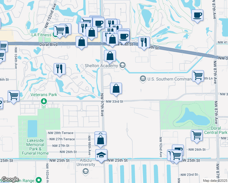 map of restaurants, bars, coffee shops, grocery stores, and more near 9661 Northwest 33rd Street in Doral
