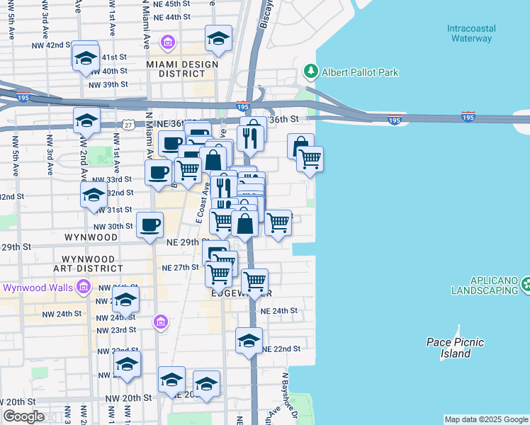 map of restaurants, bars, coffee shops, grocery stores, and more near 3055 Northeast 4th Avenue in Miami