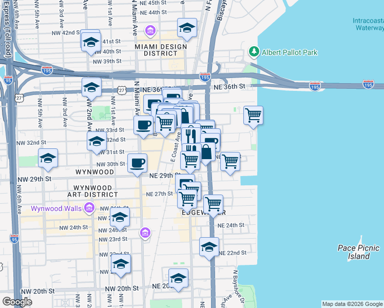 map of restaurants, bars, coffee shops, grocery stores, and more near 3030 Northeast 2nd Avenue in Miami